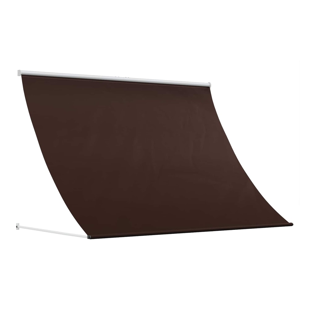 Brown polyester awning extended, showing the fabric and roller mechanism