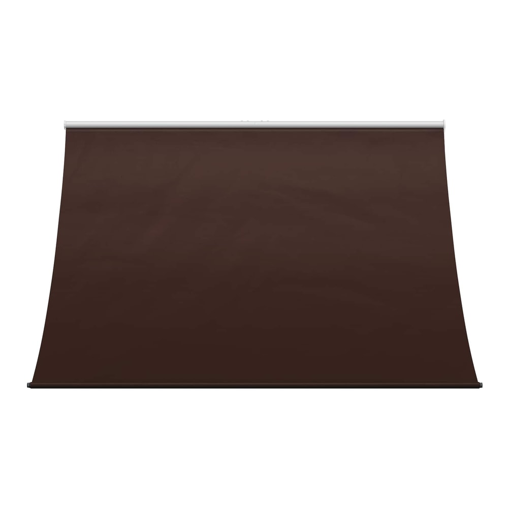 Brown polyester awning retracted, showing the roller and mounting bar