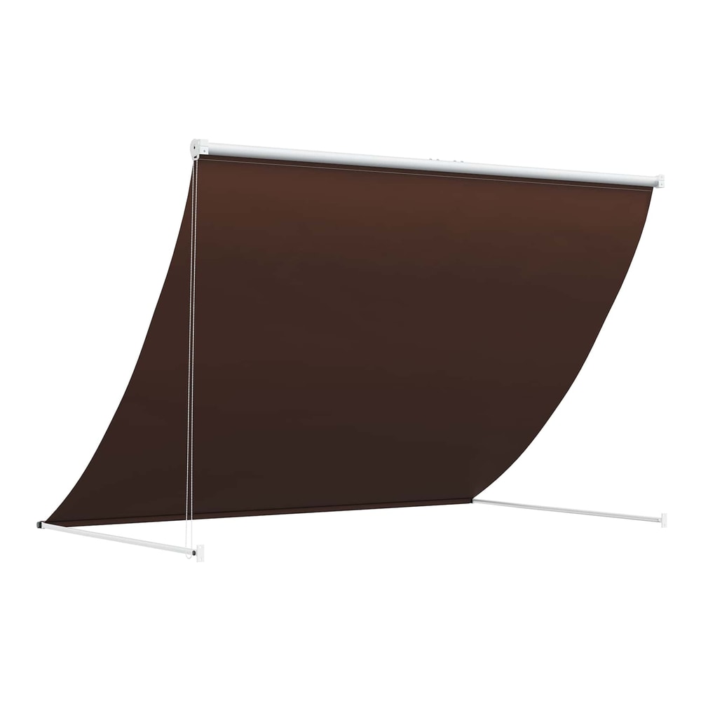 Brown polyester awning extended with support legs, showing the fabric and frame