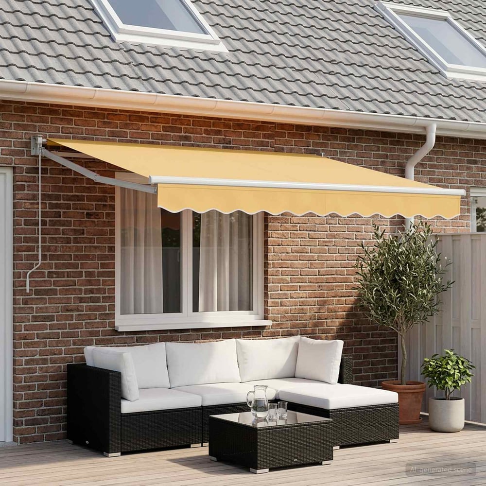 vidaXL Awning Canopy Replacement for Sand Polyester installed over a patio sofa set