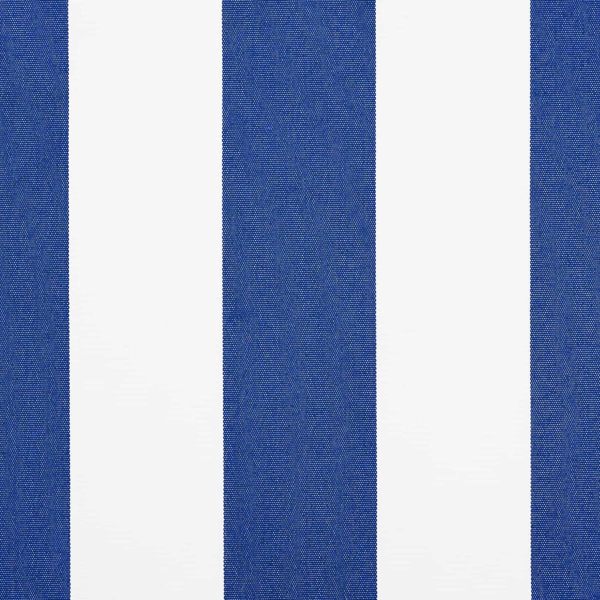 A close up of the window awning fabric showing the texture of the blue and white stripes