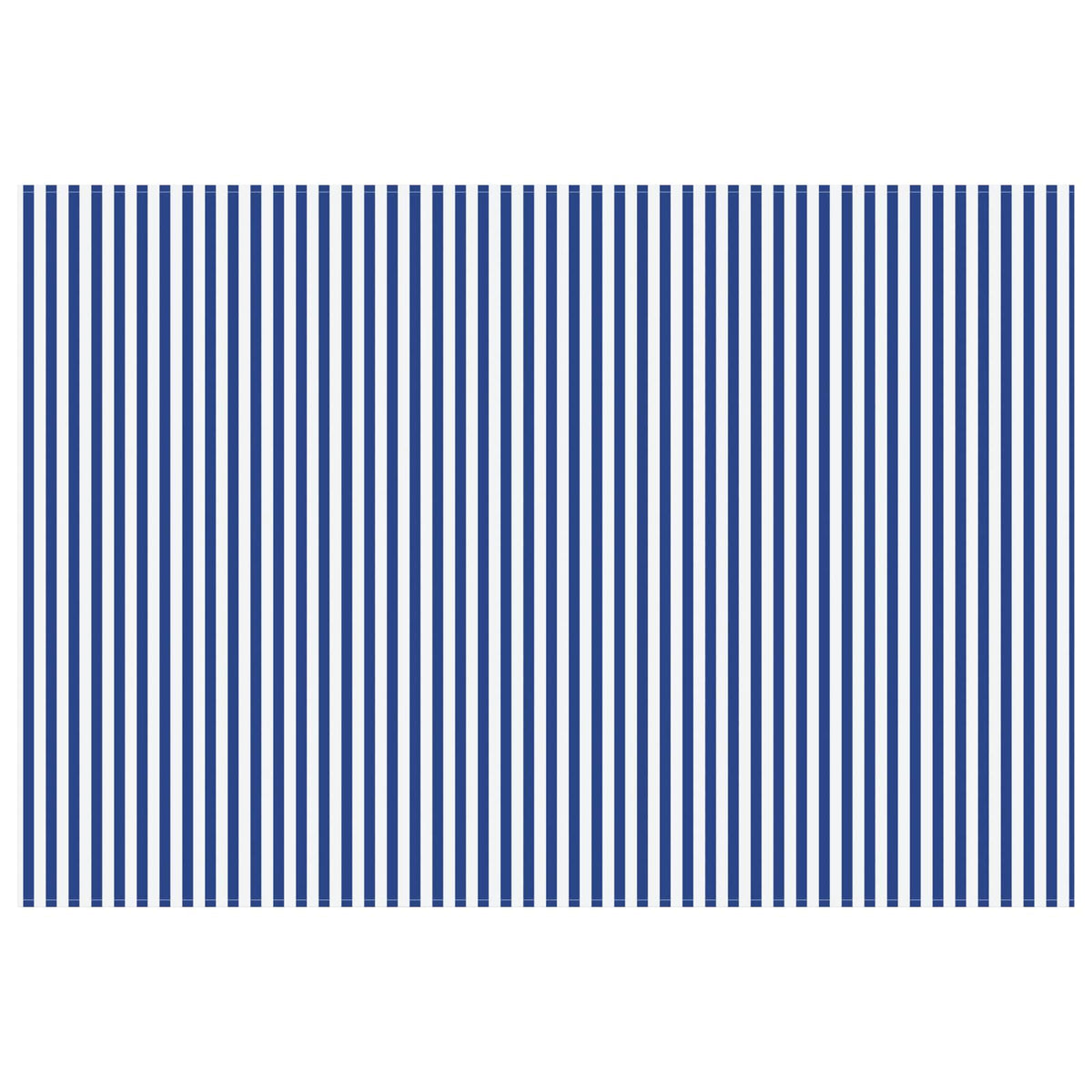 The window awning fabric laid flat showing the full blue and white striped pattern