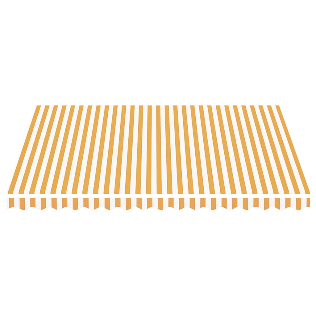 The window awning fabric seen from the front to highlight the yellow and white vertical stripes