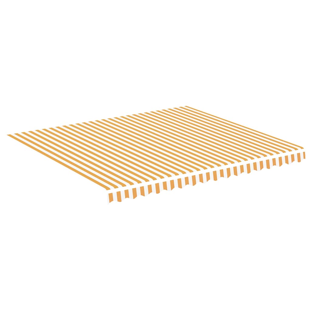 The window awning fabric shown from a high angle to display the striped pattern and scalloped edge