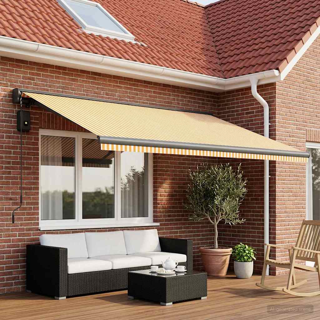 vidaXL Awning Replacement Fabric Yellow and White, a striped awning extended over a patio area