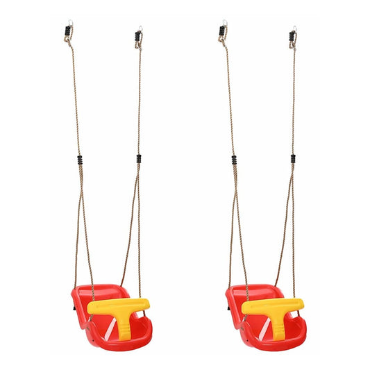 Two red and yellow plastic baby swing seats with ropes attached
