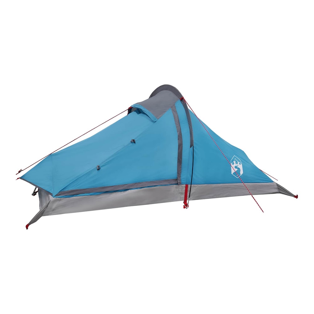 The blue backpacking tent is shown from the side with the entrance closed