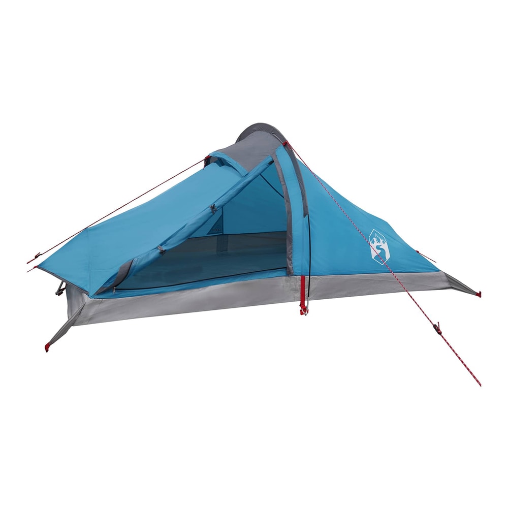 The blue backpacking tent is shown from the side with the entrance open