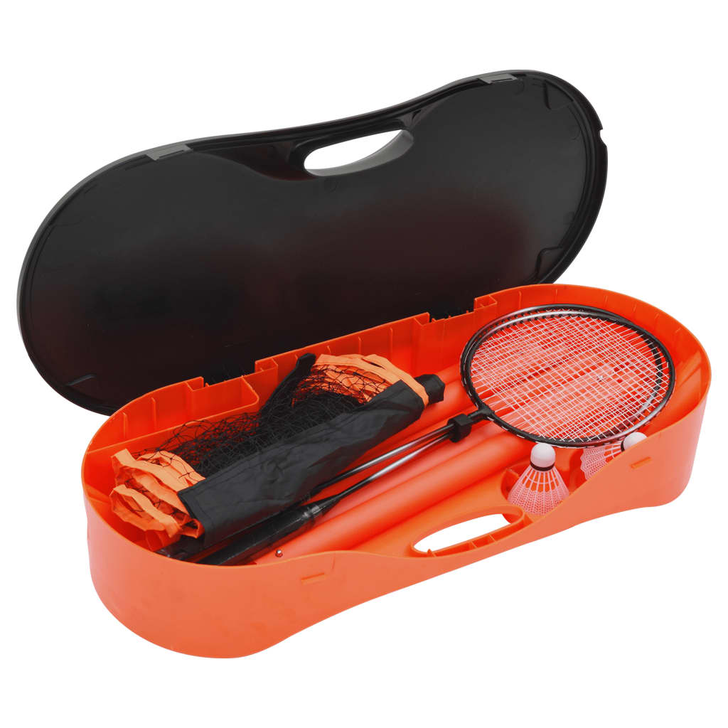 The badminton set packed inside its orange storage case with the lid open