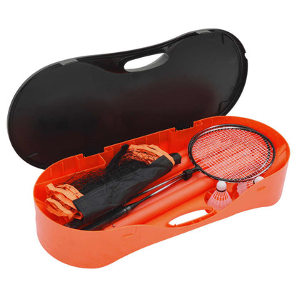 The badminton set packed inside its orange storage case with the lid open