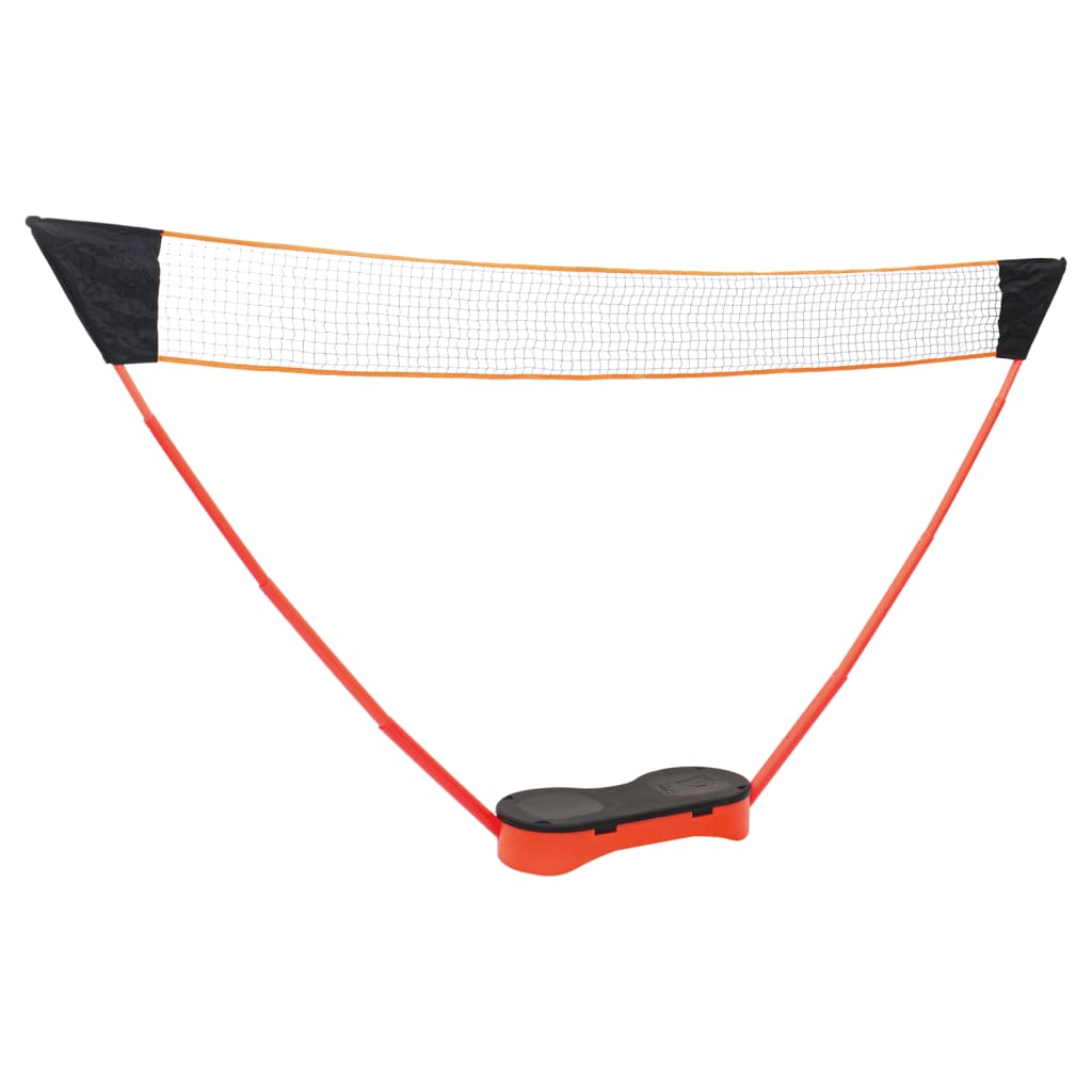 The badminton set showing the assembled net with its orange base and support poles