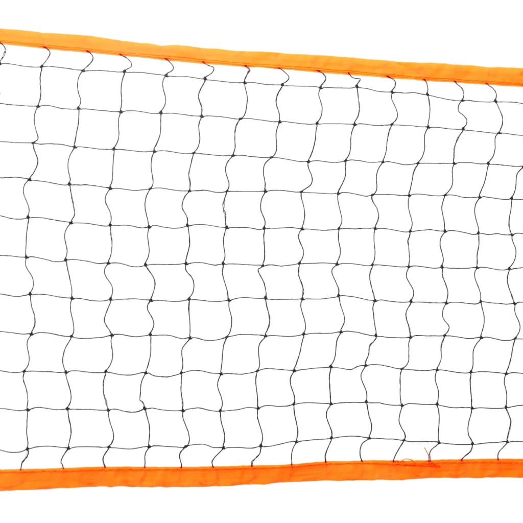 The badminton set net showing the black mesh pattern and orange fabric borders