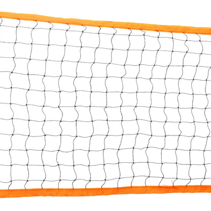 The badminton set net showing the black mesh pattern and orange fabric borders