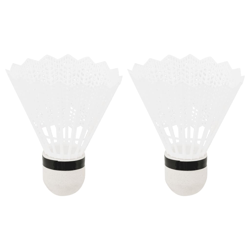The badminton set shuttlecocks with white nylon skirts and grey rounded bases