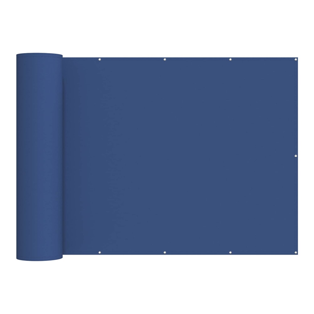 The blue fabric privacy screen is rolled up on the left side