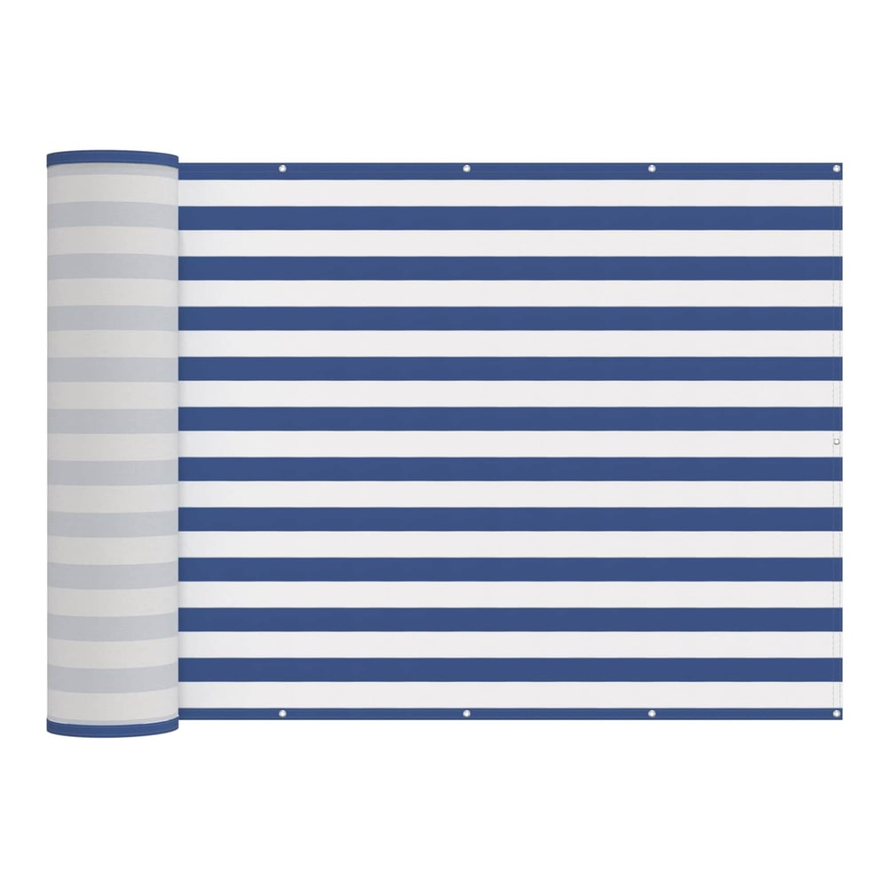 The striped privacy screen is rolled up on the left side and unrolled on the right
