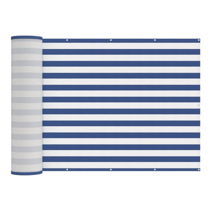 The striped privacy screen is rolled up on the left side and unrolled on the right