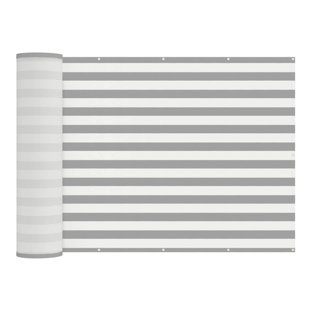 The balcony privacy screen rolled up showing its striped pattern