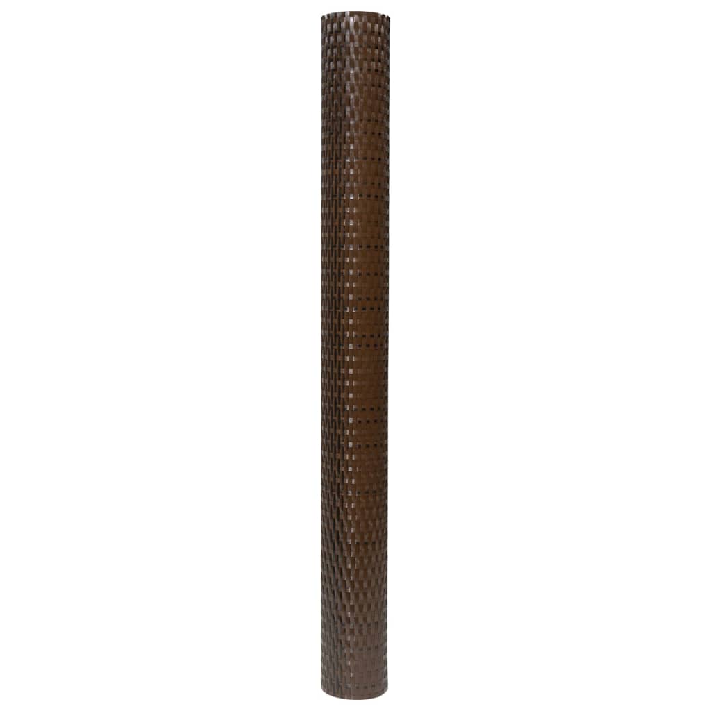 A full roll of the brown and black poly rattan balcony screen standing upright