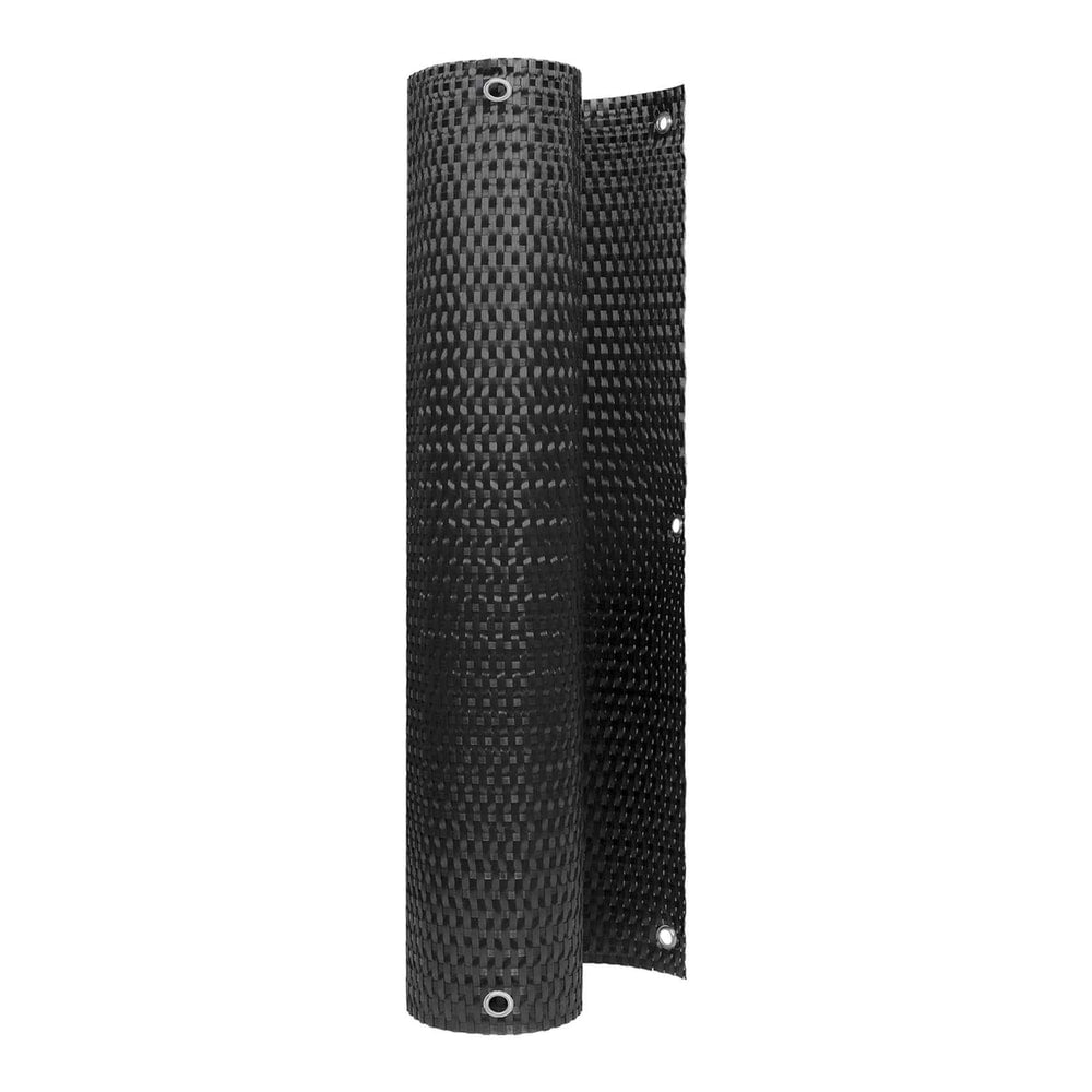 The black fence panel rolled up vertically showing the metal eyelets along the edge