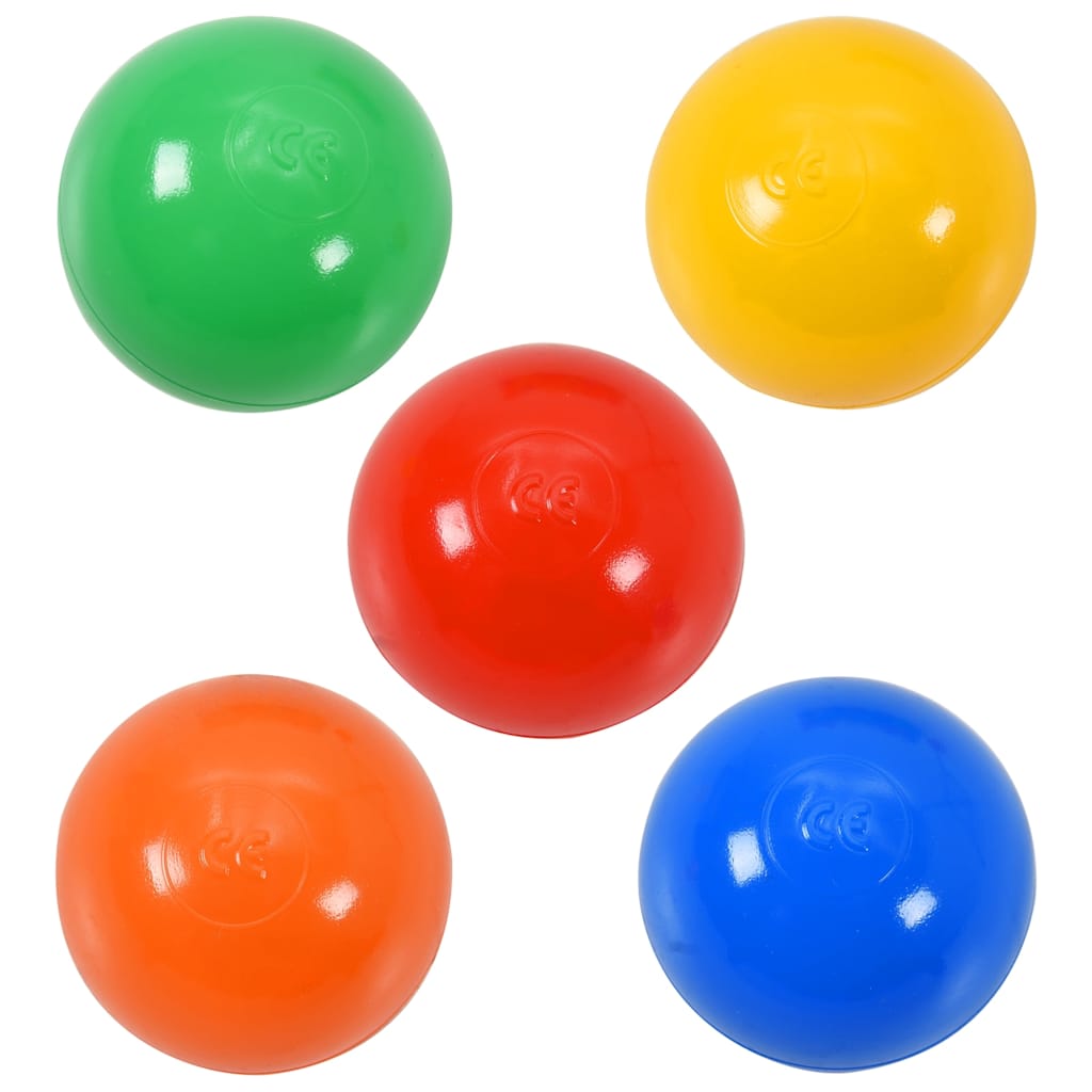 Five colourful plastic balls, green, yellow, red, orange and blue, for the ball pit