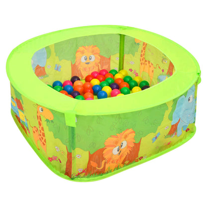 vidaXL Ball Pool with 300 Balls, a green fabric playpen with cartoon jungle animals and filled with colourful balls