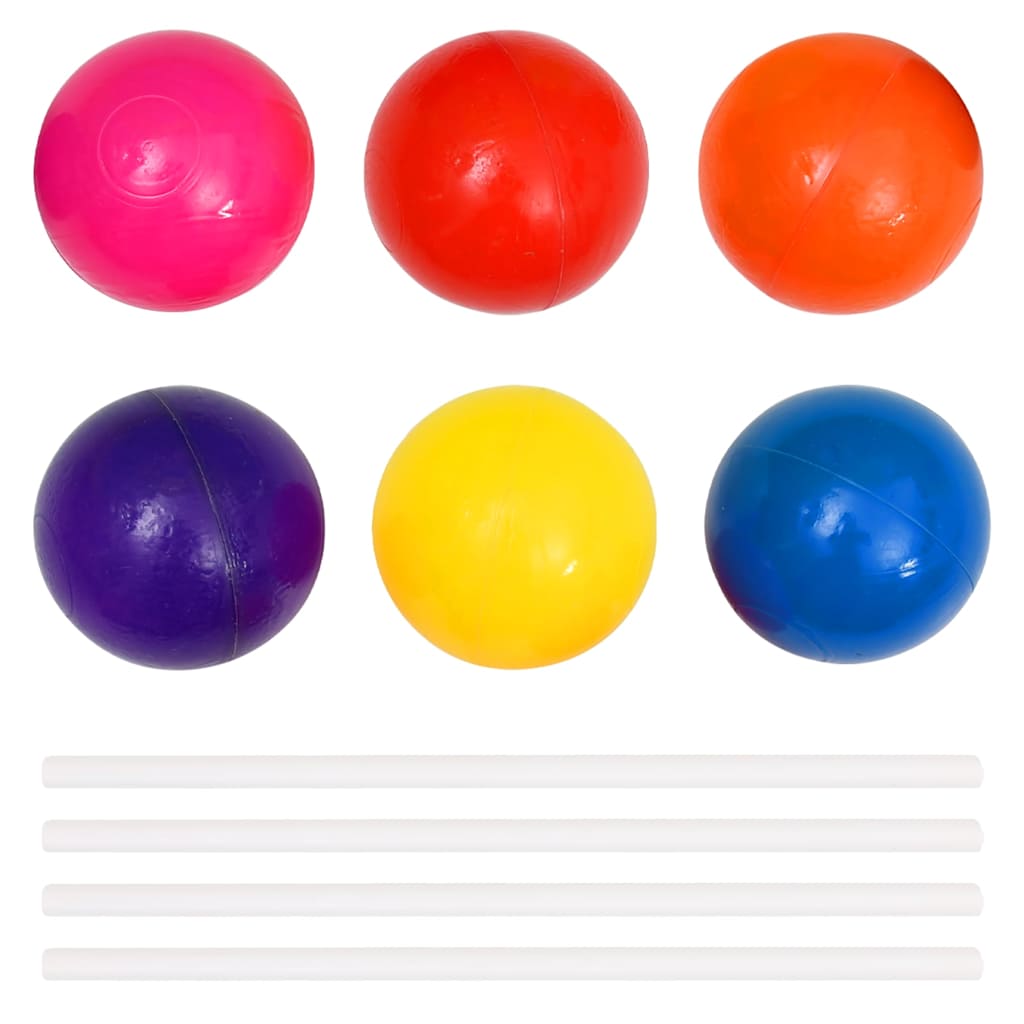 Six colourful plastic balls and three white support rods for the ball pit