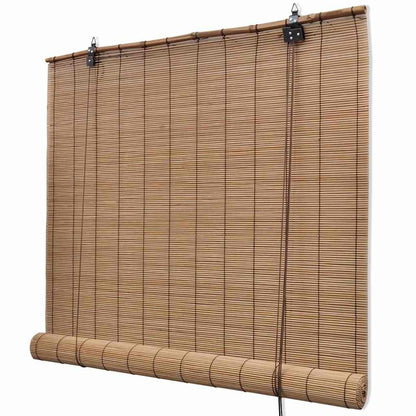 A bamboo roller blind partially rolled up showing the mechanism