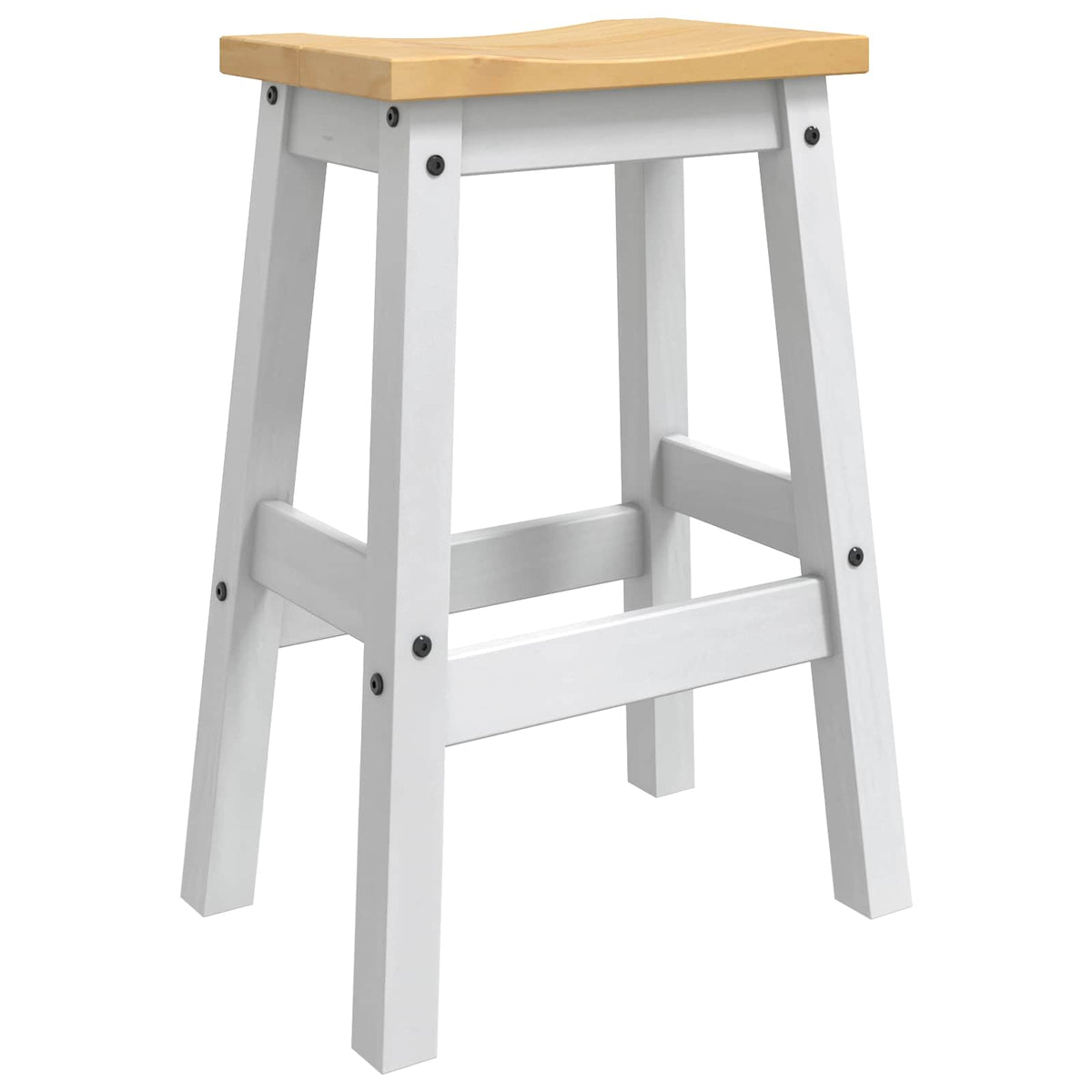 A close-up of the construction of a white and honey wax bar stool