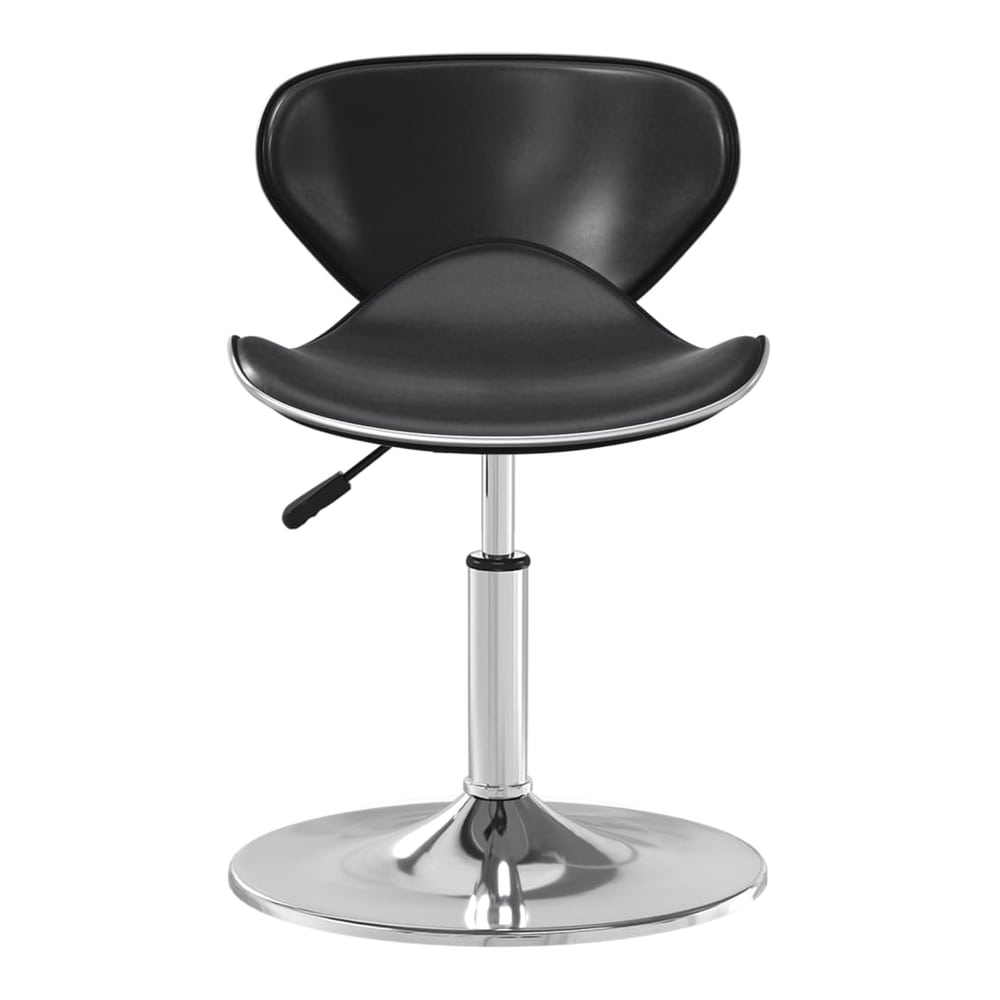 Close-up of the black faux leather seat and chrome base of a bar stool