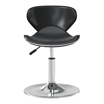 Close-up of the black faux leather seat and chrome base of a bar stool