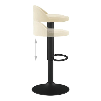 Cream velvet bar stool with a black adjustable height pedestal base showing height adjustment