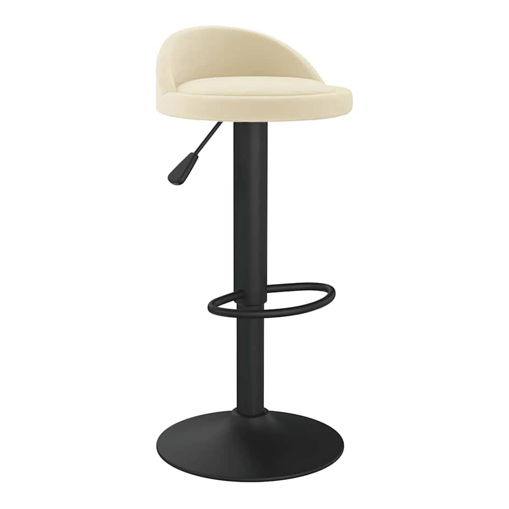 Cream velvet bar stool with a black adjustable height pedestal base and footrest