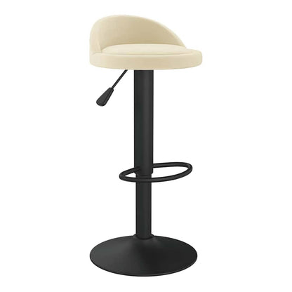 Cream velvet bar stool with a black adjustable height pedestal base and footrest