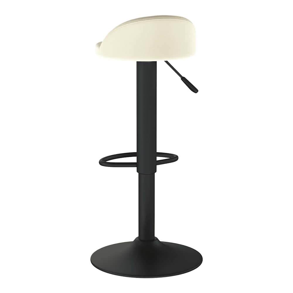 The cream velvet bar stool from the side with the seat and pedestal base