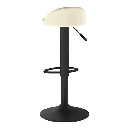 The cream velvet bar stool from the side with the seat and pedestal base