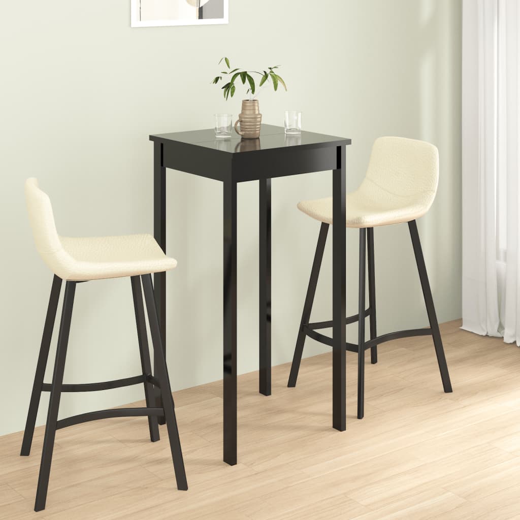 Bar Table Black with two cream bar stools in a room setting