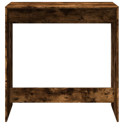 A close-up of the bar table showing the engineered wood with a smoked oak effect finish