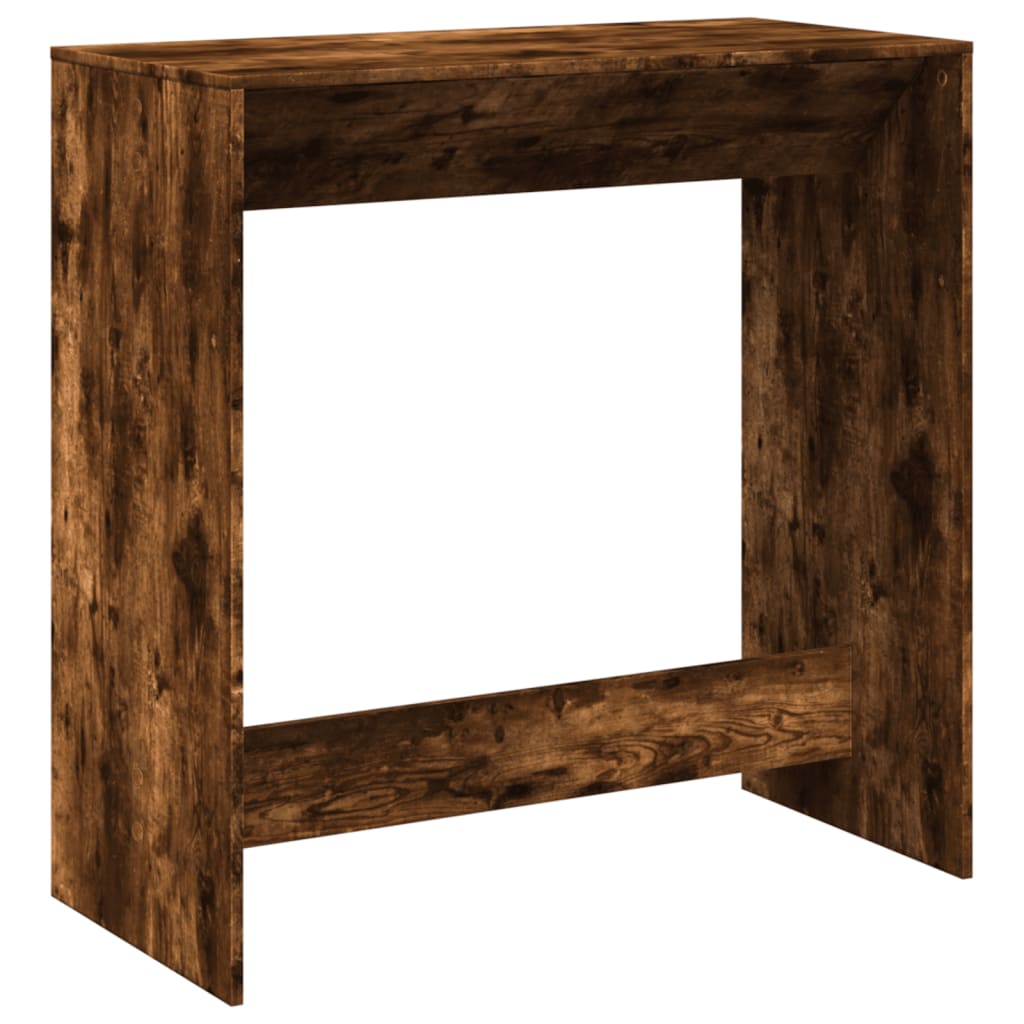 The bar table viewed from the back, showing its simple rectangular structure and wood grain effect