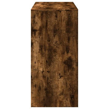 A close-up of the top surface of the bar table, displaying the rustic smoked oak engineered wood effect