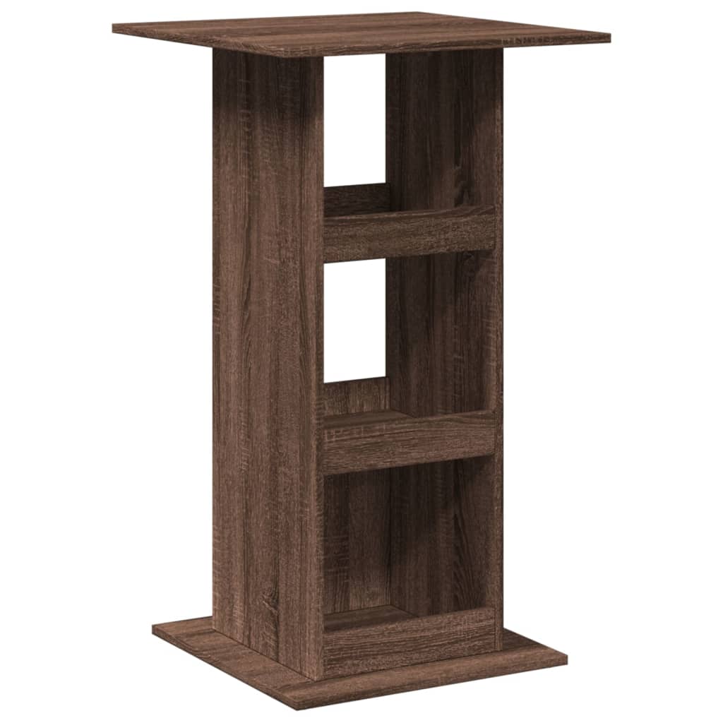 The bar table with storage has a dark brown wood grain finish