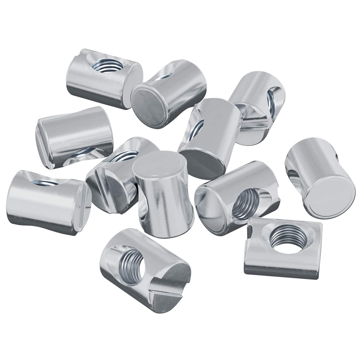 A group of silver metal barrel nuts with threaded holes