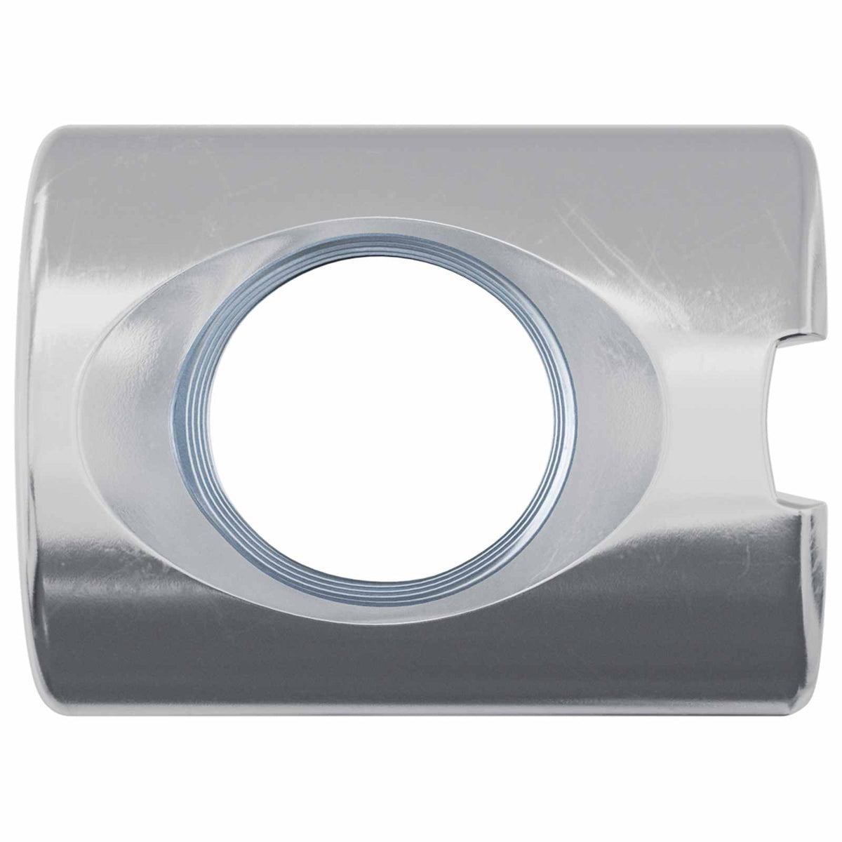 A silver barrel nut with a threaded hole visible from the side