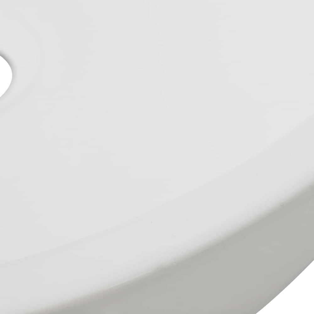 Close up of the smooth white ceramic surface and curved edge of the round basin