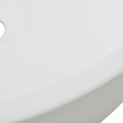 Close up of the smooth white ceramic surface and curved edge of the round basin