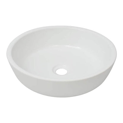 A clean white ceramic round basin with a central drainage hole, shown from a slight angle