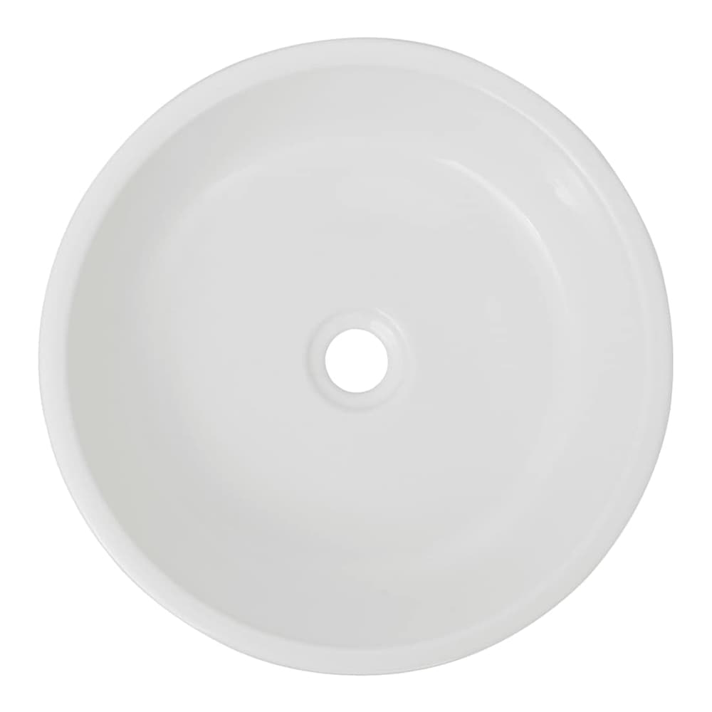 Top down view of the white ceramic round basin showing the smooth interior and drainage hole
