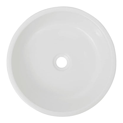 Top down view of the white ceramic round basin showing the smooth interior and drainage hole