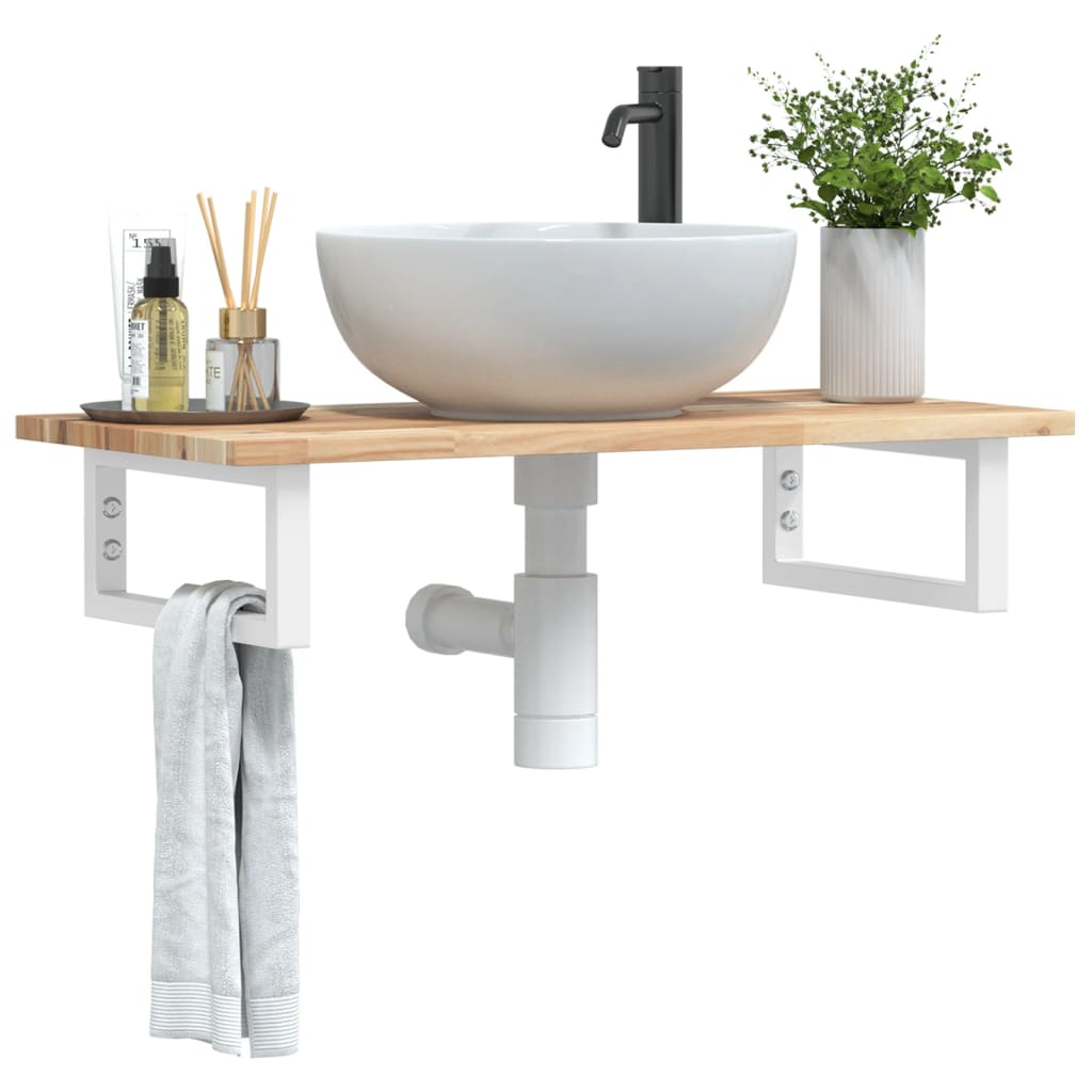 vidaXL Basin Shelf Wall Mounted Steel and Solid Wood Acacia with a white towel hanging from the side