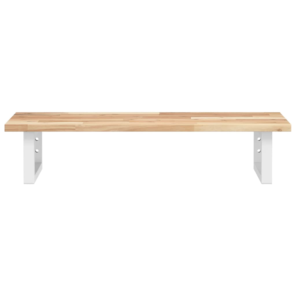Acacia wood shelf with white metal supports, showing the underside